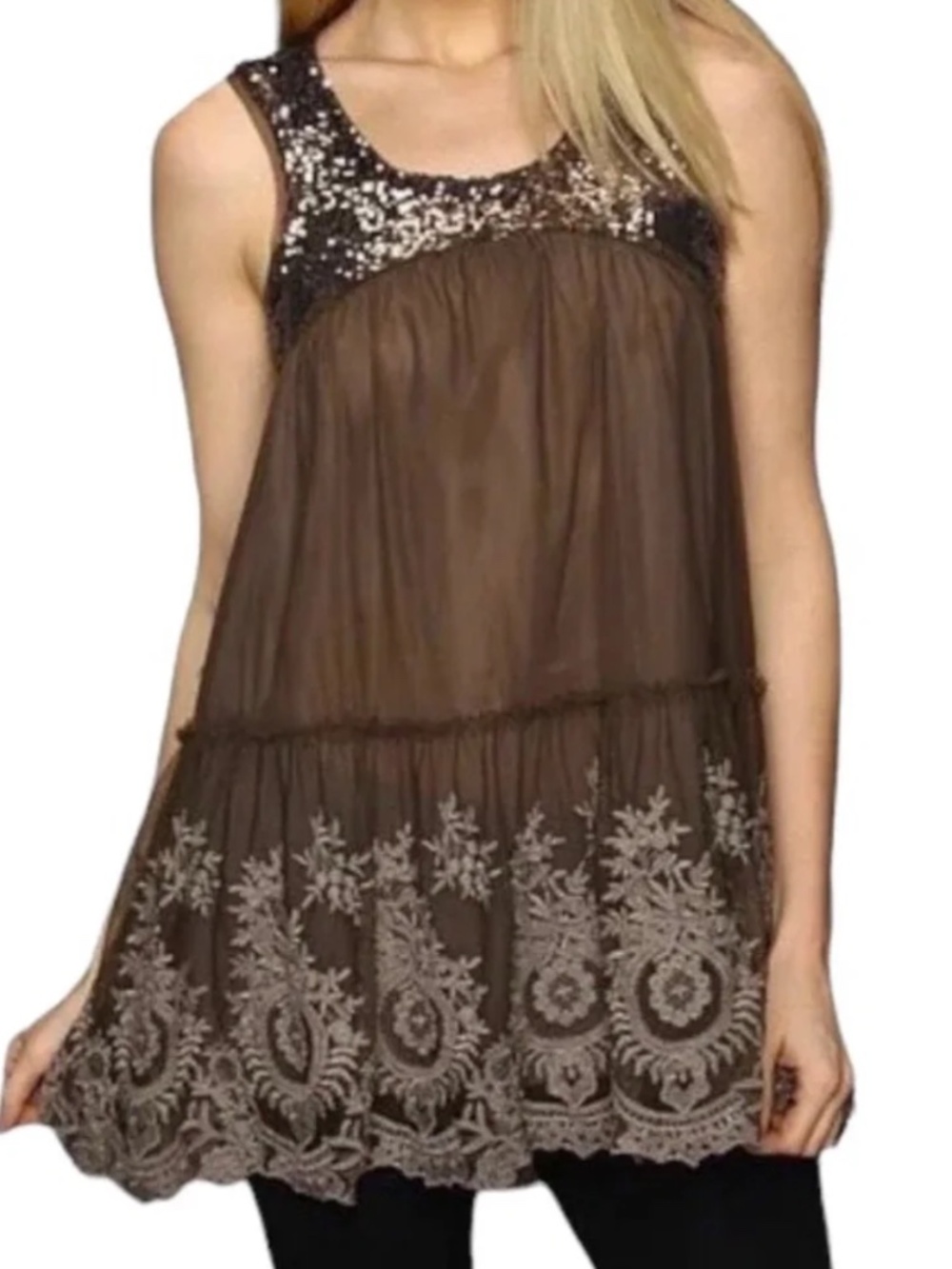 Free People Mirror Mirror Sequin Tunic Top Brown Size Small
